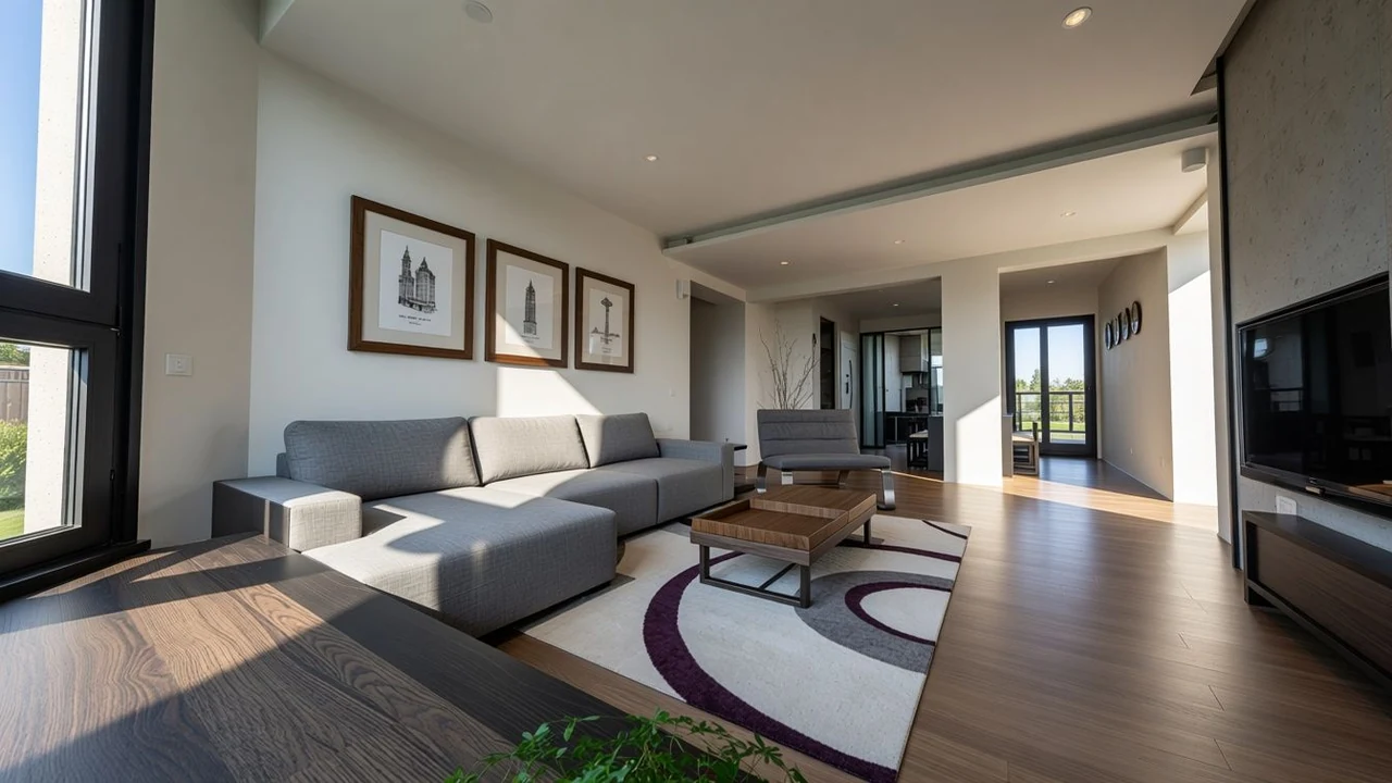 Minimalist living room rendered by RendScene on a sunny morning