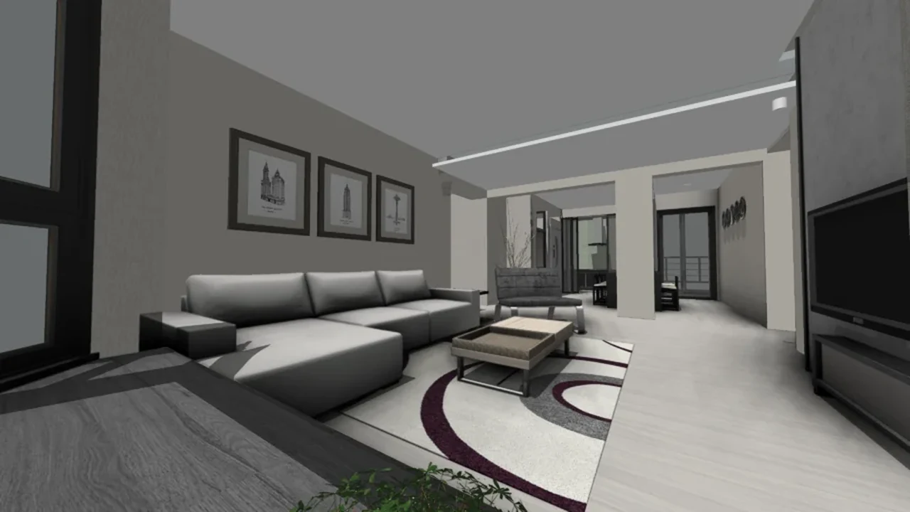 3D model of a minimalist living room with a grey L-shaped sofa