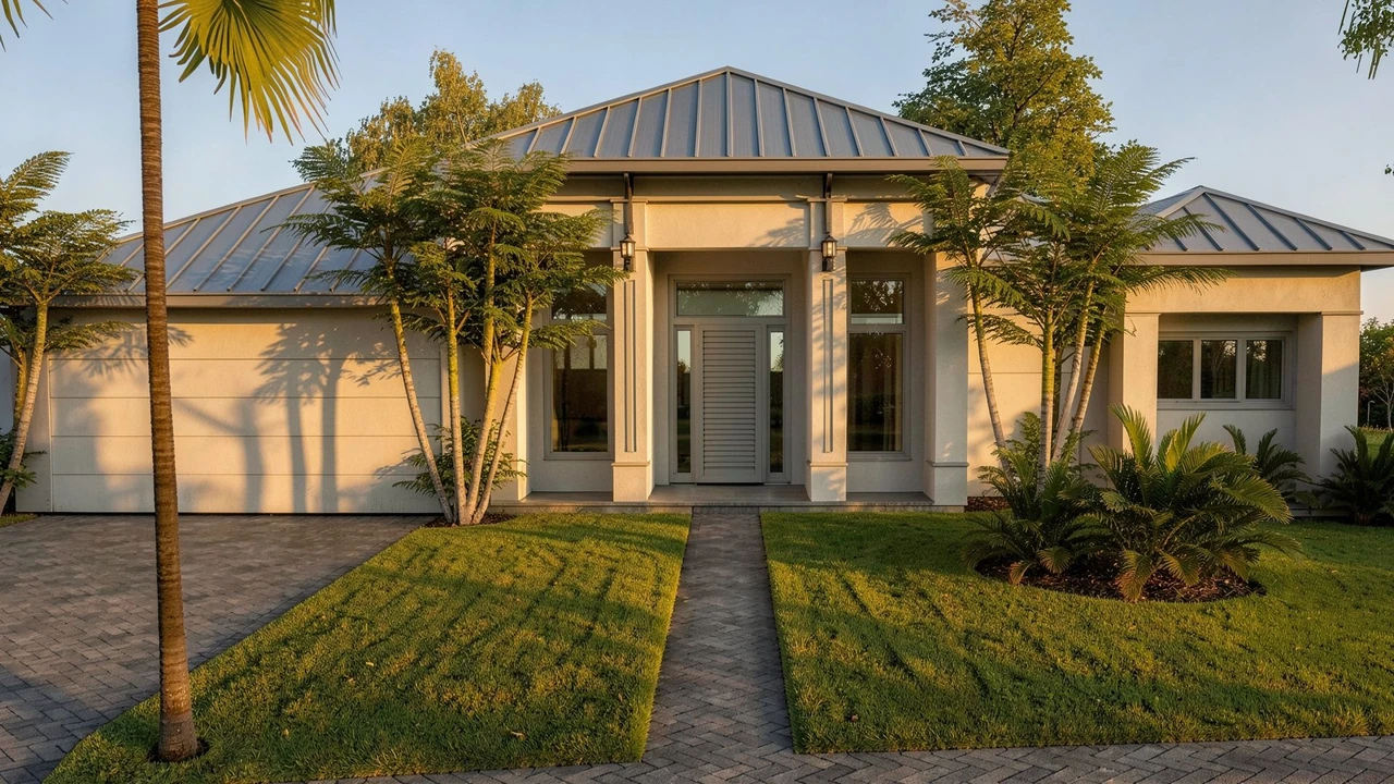 Single-storey house among palm trees rendered by RendScene in late-afternoon light