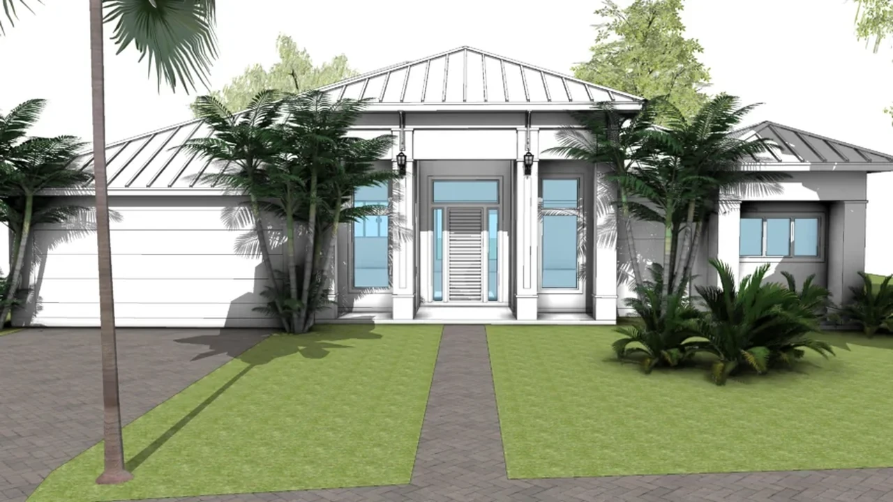 3D model of a single-storey house with a metal roof and a central entrance
