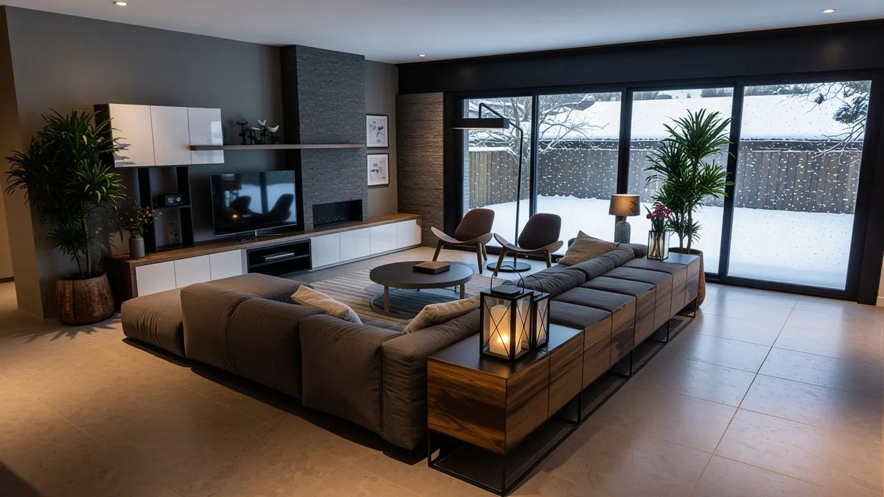 Living room with glass wall rendered by RendScene, snow in the garden at dusk