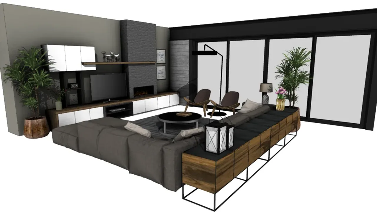 3D model of a living room with a glass wall and media unit